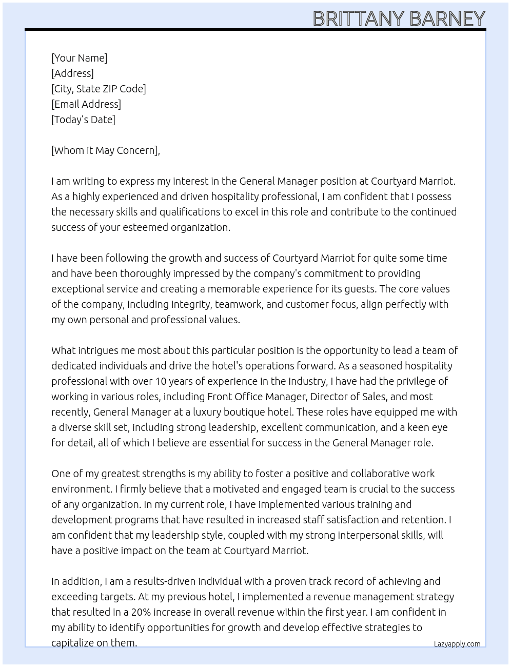 General manager At Courtyard Marriot Cover Letter