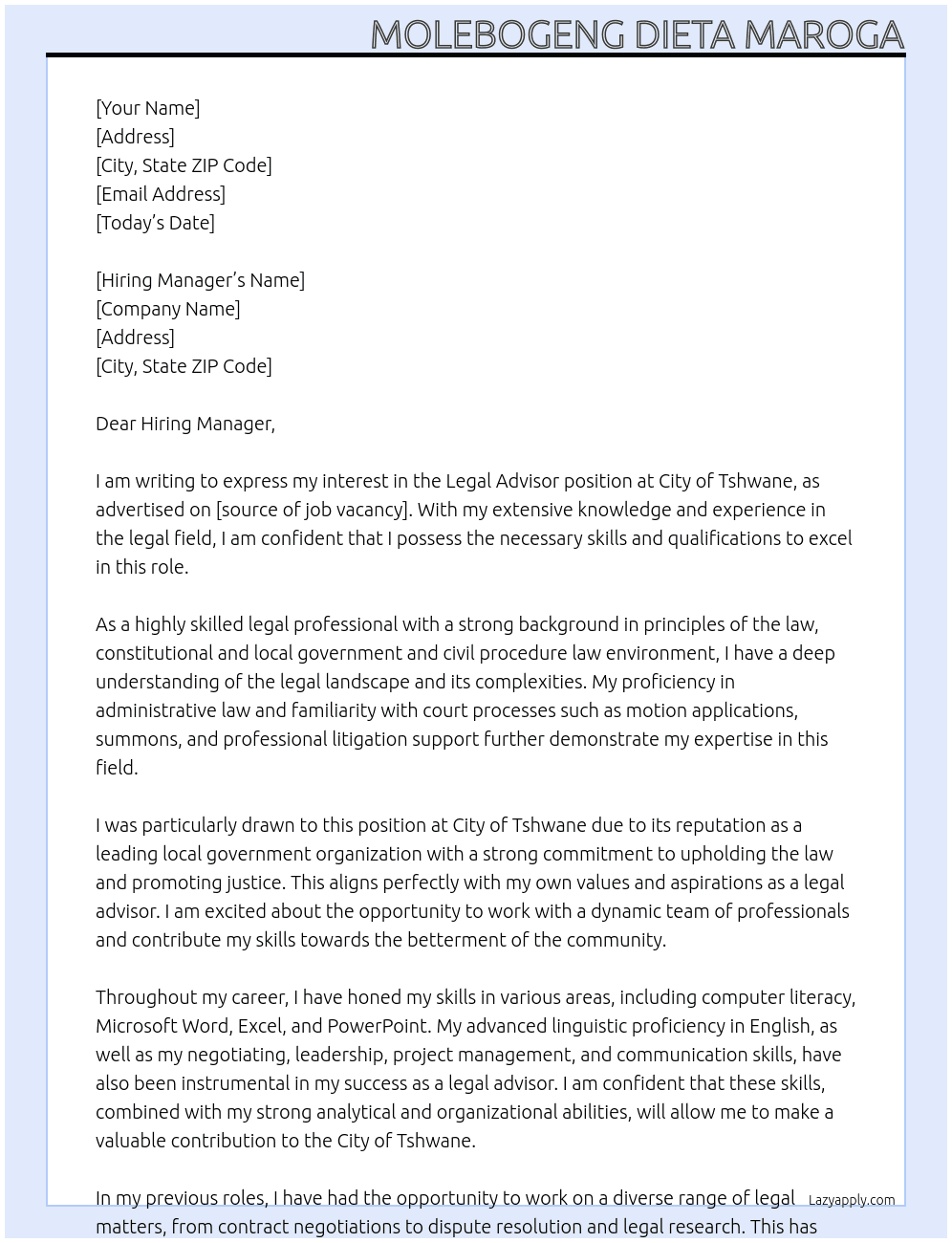 Legal Advisor At City of Tshwane Cover Letter