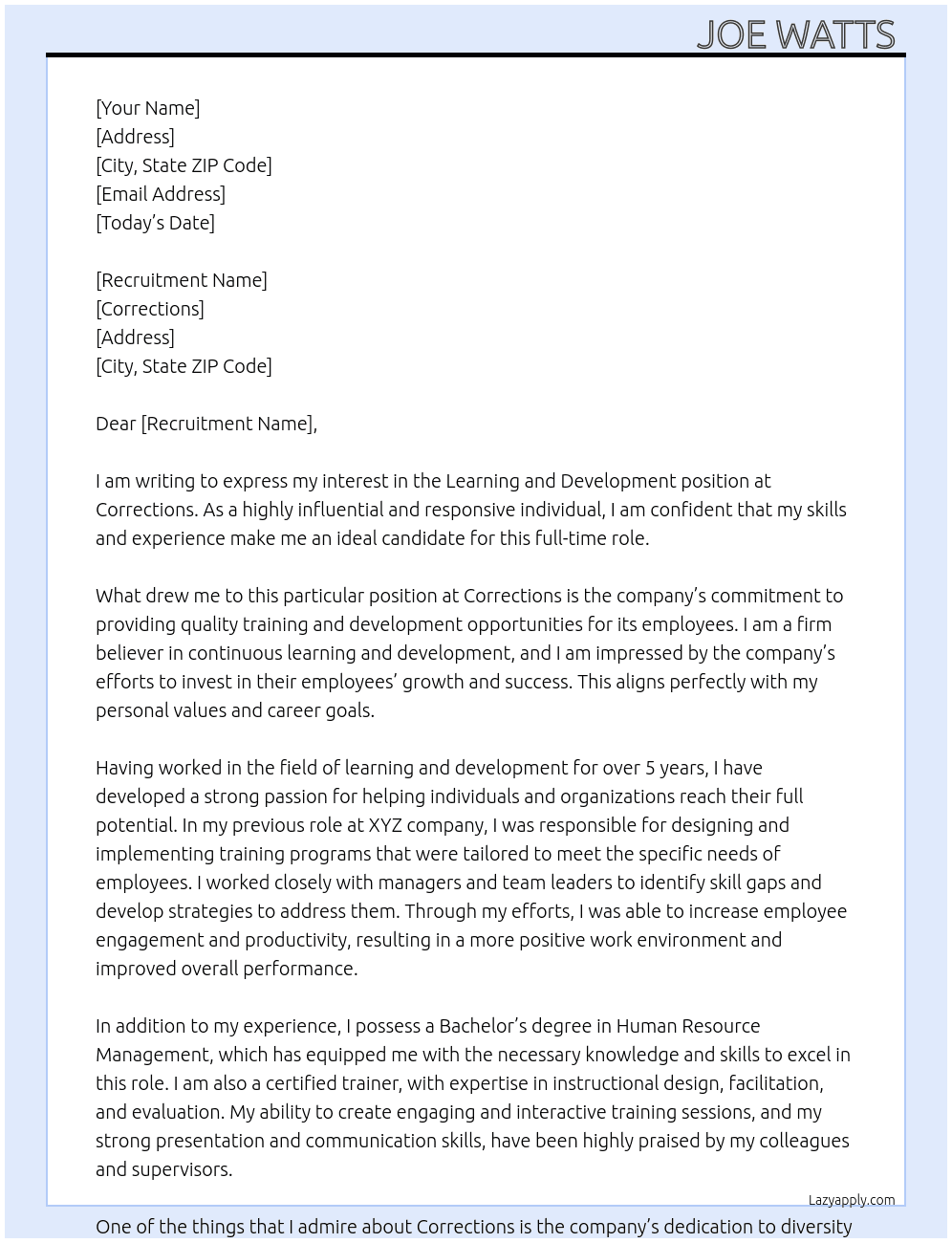 Learning and development  At Corrections  Cover Letter