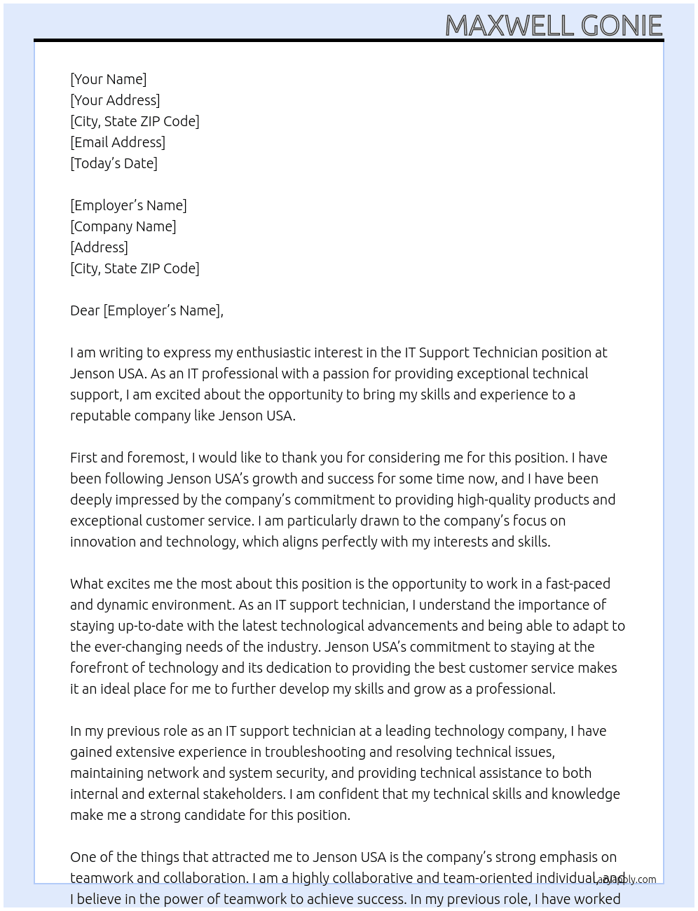 IT Support Technician At Jenson USA Cover Letter