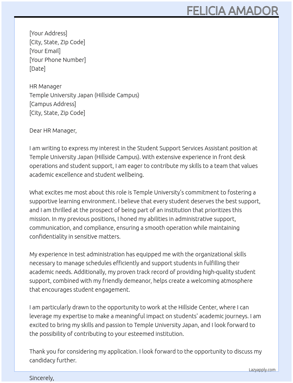 Cover letter for student support services assistant, teaching & learning cener - LazyApply
