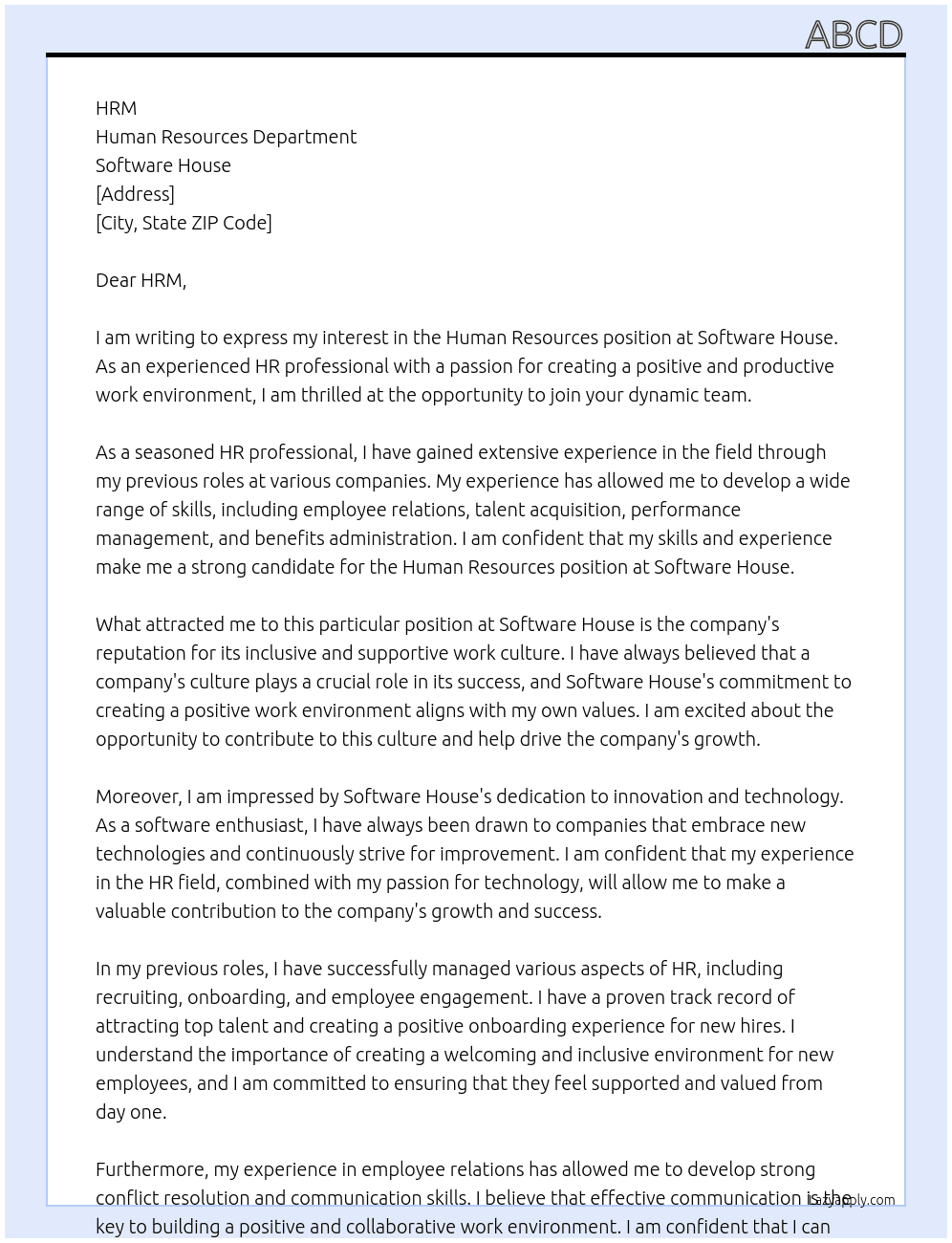 Human Resouces  At Software house  Cover Letter