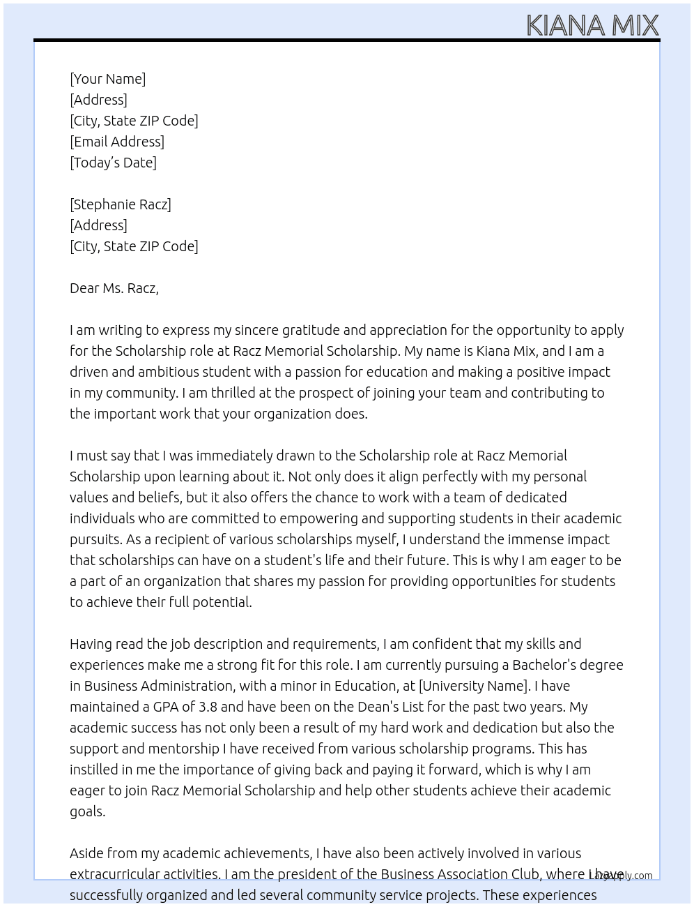 Scholarship At Racz Memorial Scholarship Cover Letter