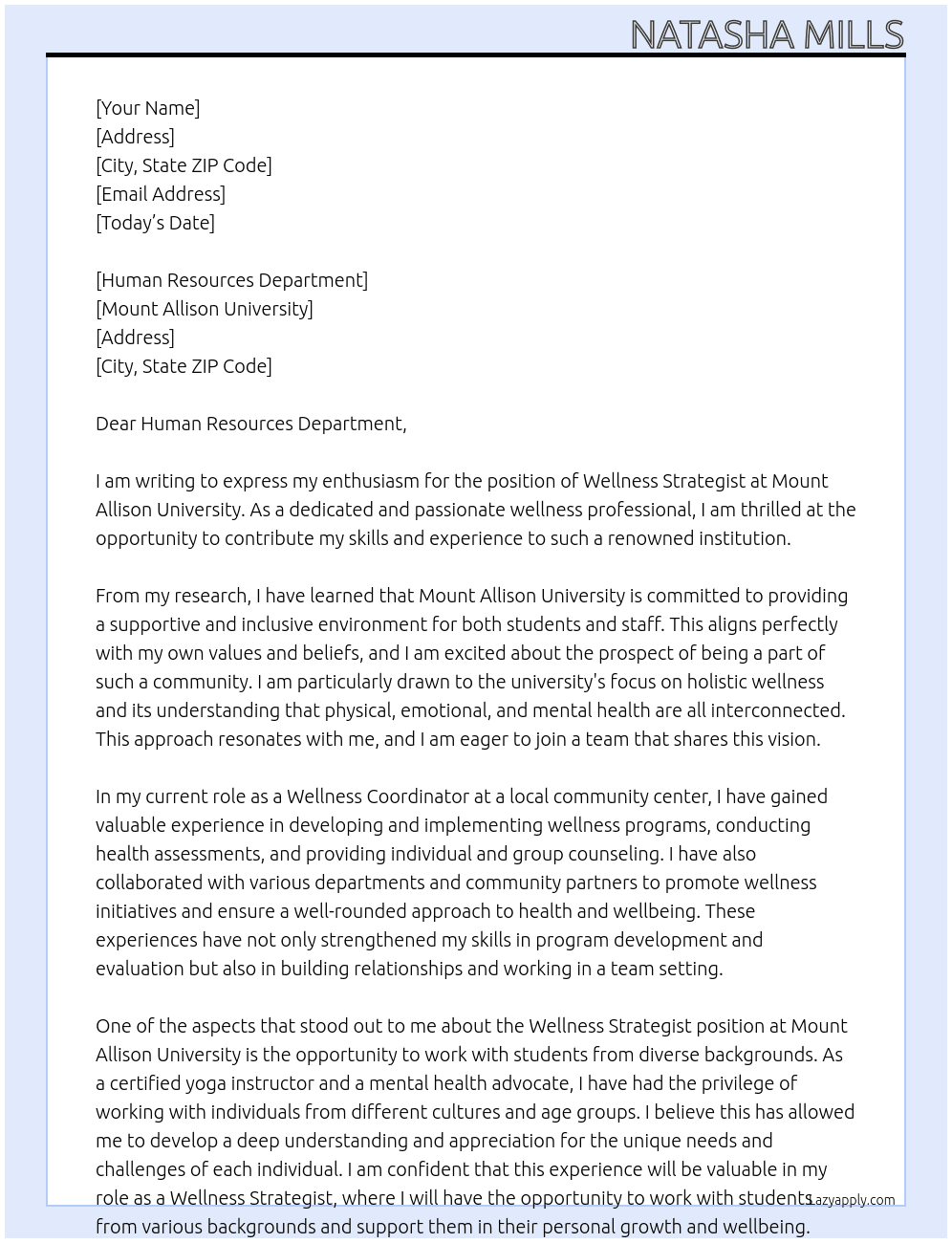 Wellness Strategist At Mount Allison University Cover Letter
