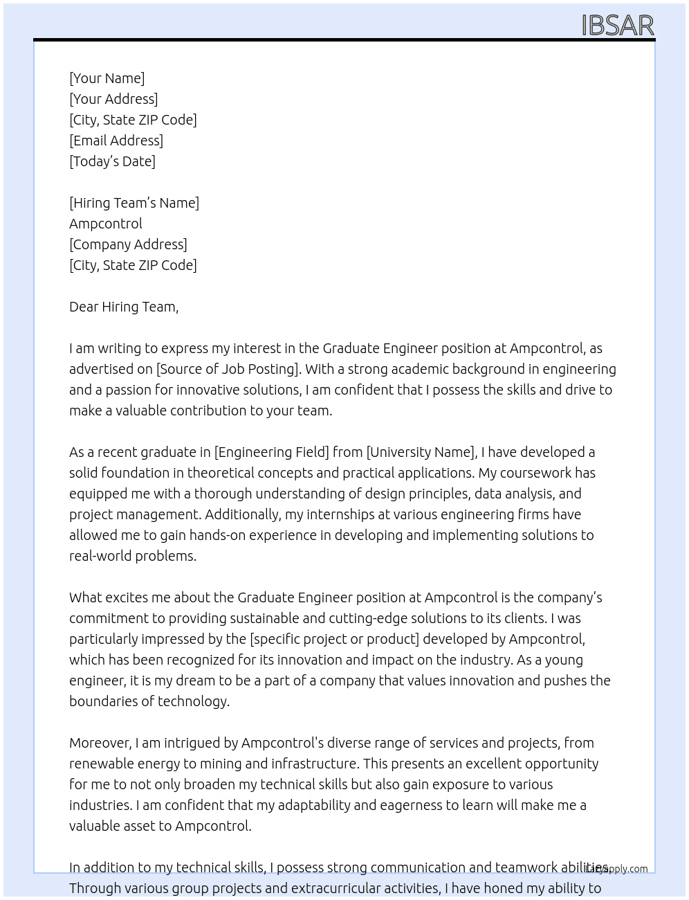 Graduate engineer At Ampcontrol Cover Letter