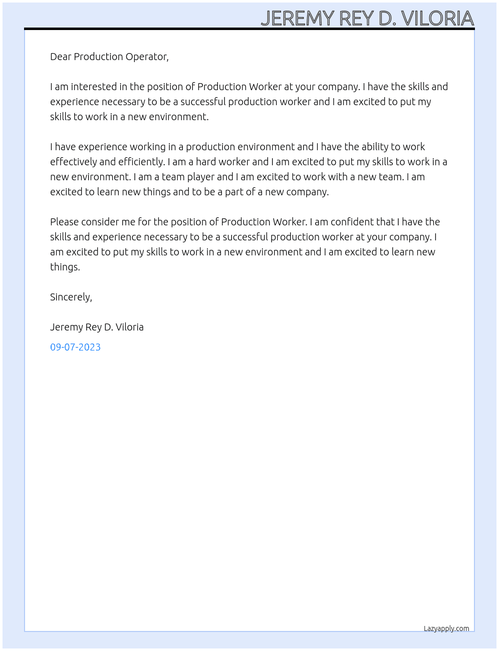 Production Worker At Production Operator Cover Letter