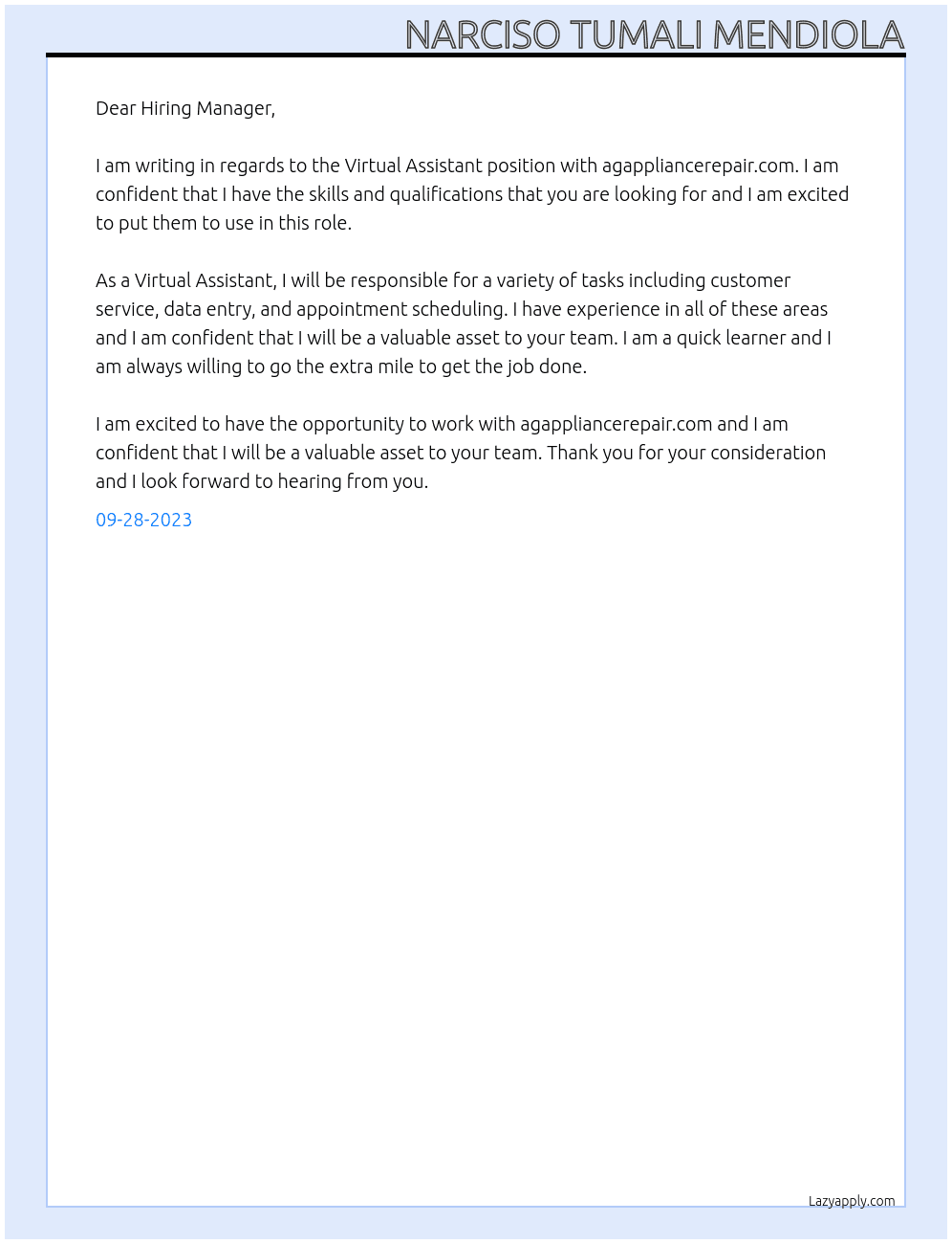 Virtual Assistant At agappliancerepair.com Cover Letter