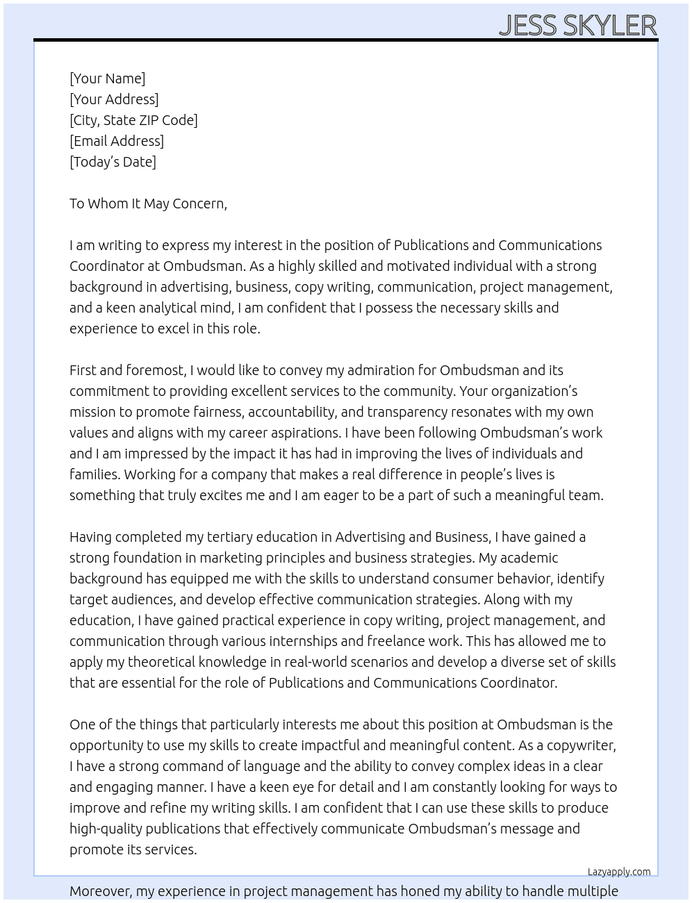 Publications and Communications Coordinator At Ombudsman Cover Letter