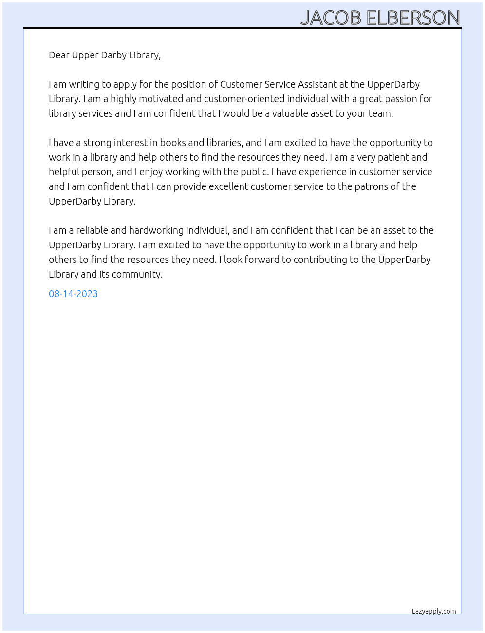 Customer Service Assistant At UpperDarby Library Cover Letter