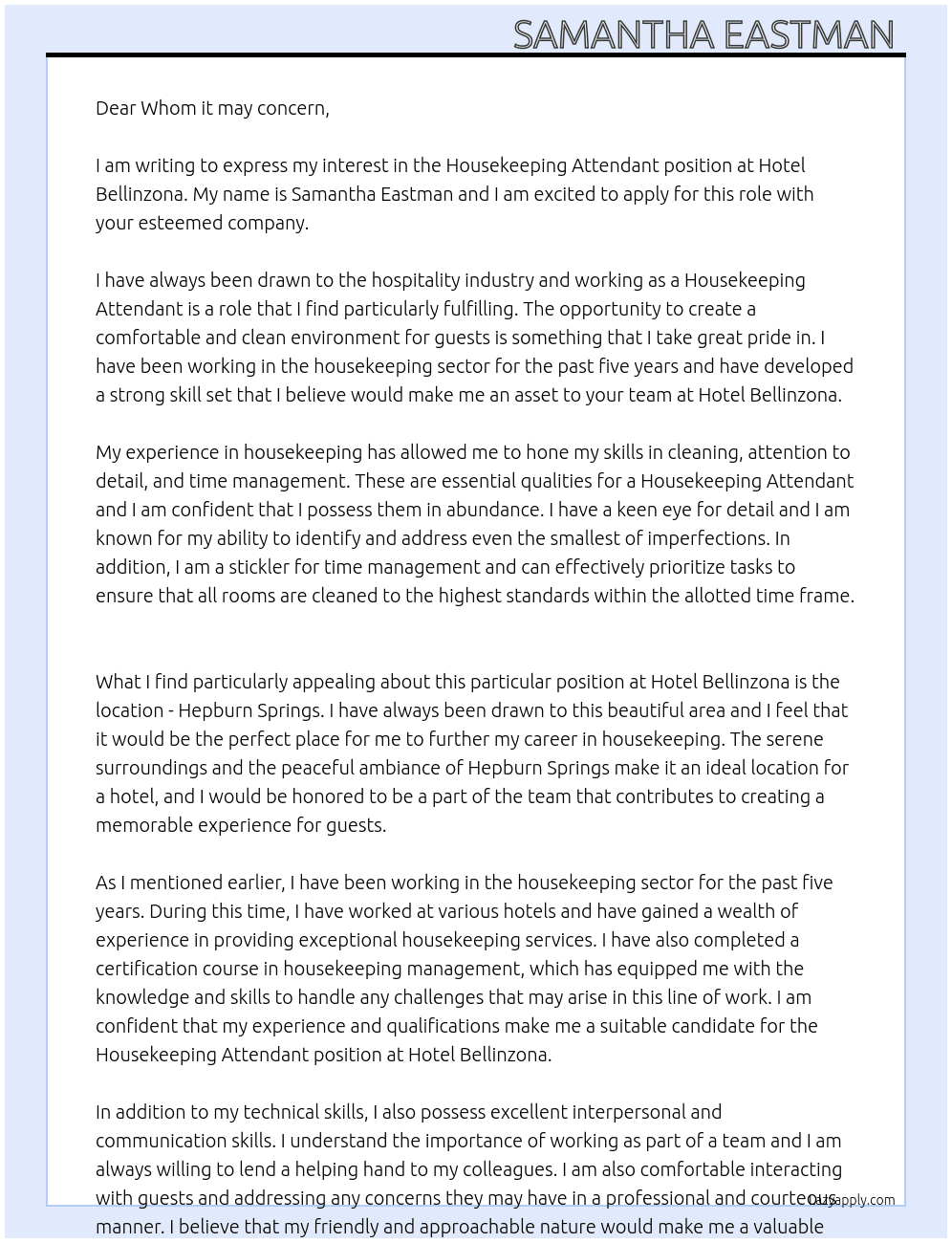 House keeping attendant  At Hotel Bellinzona  Cover Letter