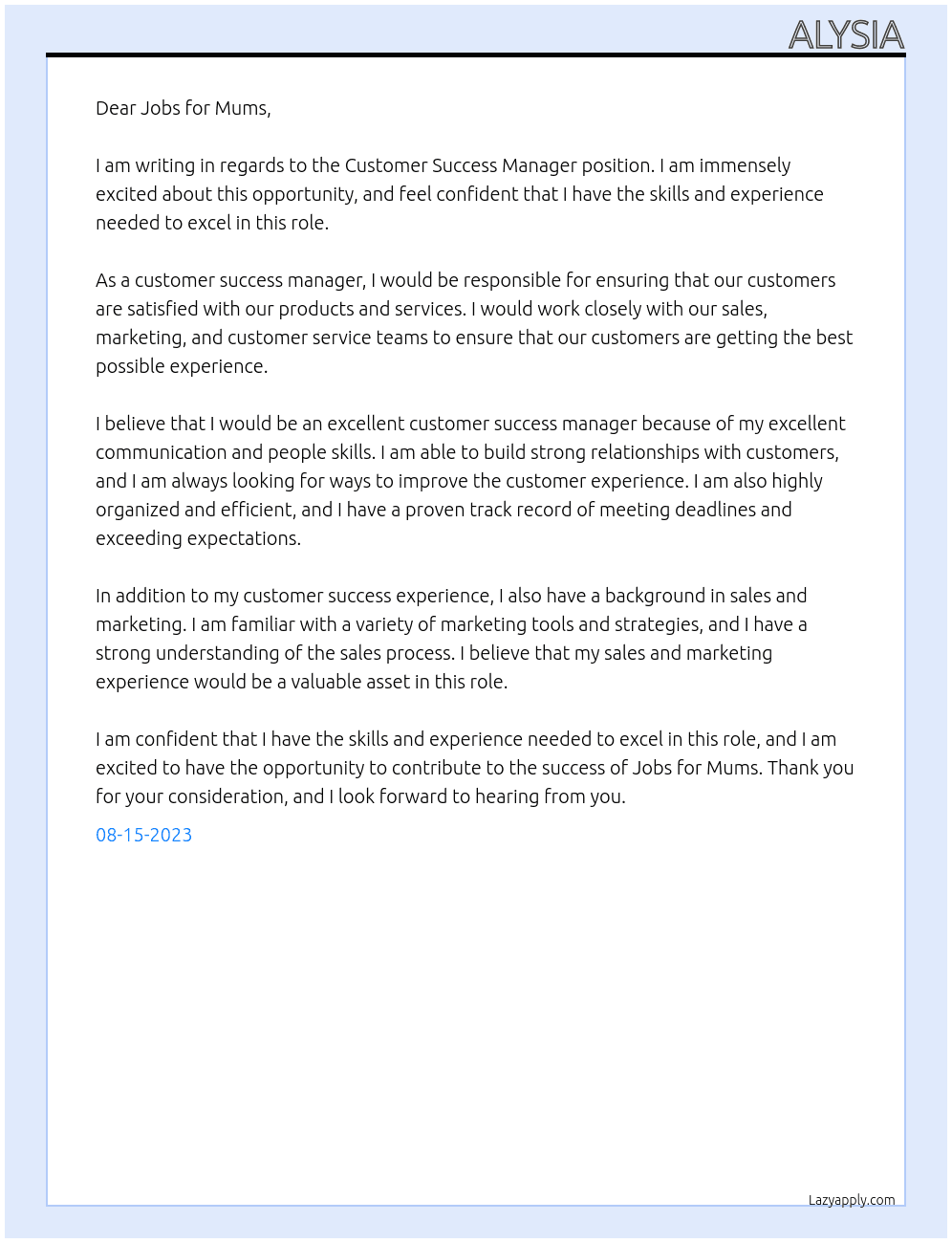 Customer Success Manager At Jobs for Mums Cover Letter