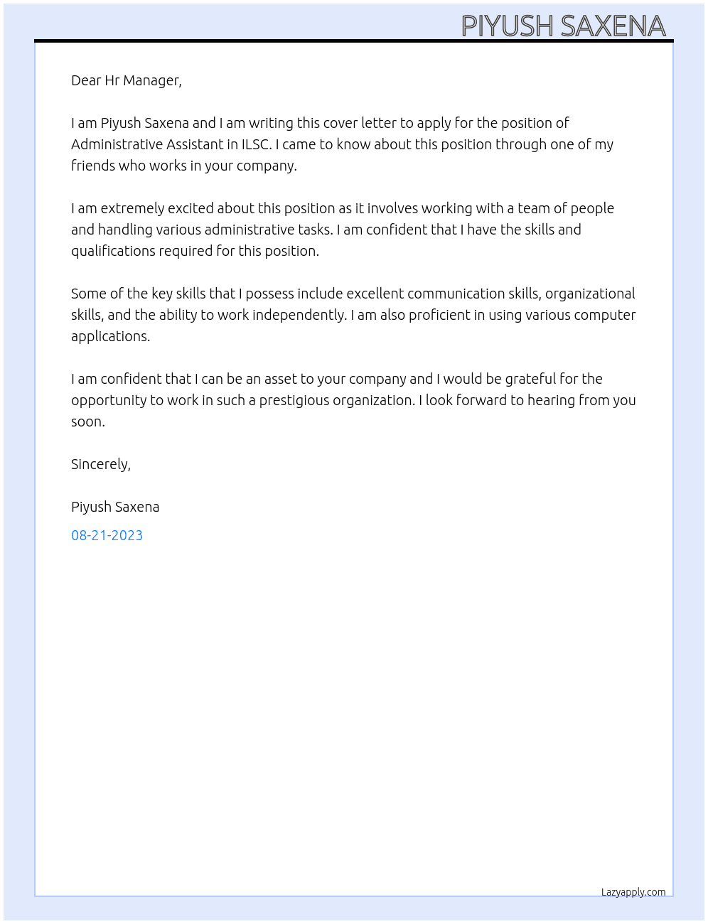 Administrative Assistant  At ILSC Cover Letter
