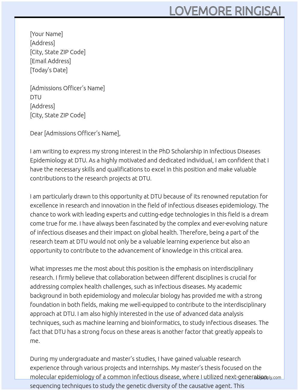 PhD Scholarship in Infectious Diseases Epidemiology  At DTU Cover Letter