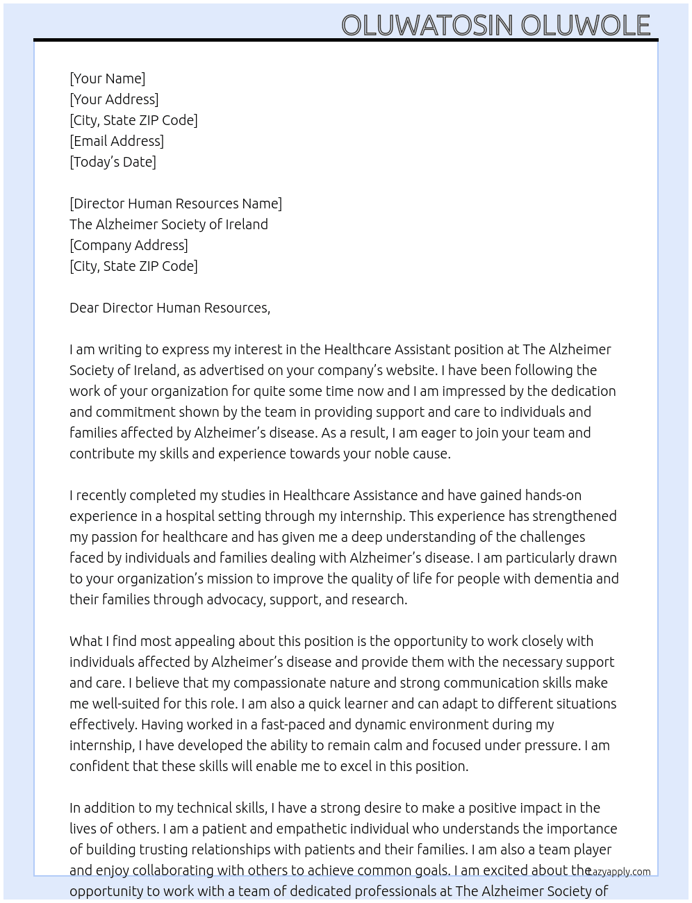 Healthcare Assistant  At The Alzheimer Society of Ireland  Cover Letter