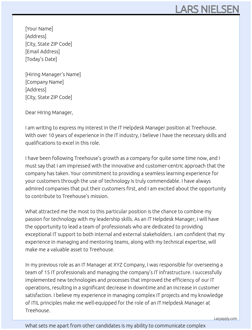 IT Helpdesk Manager At treehouse Cover Letter