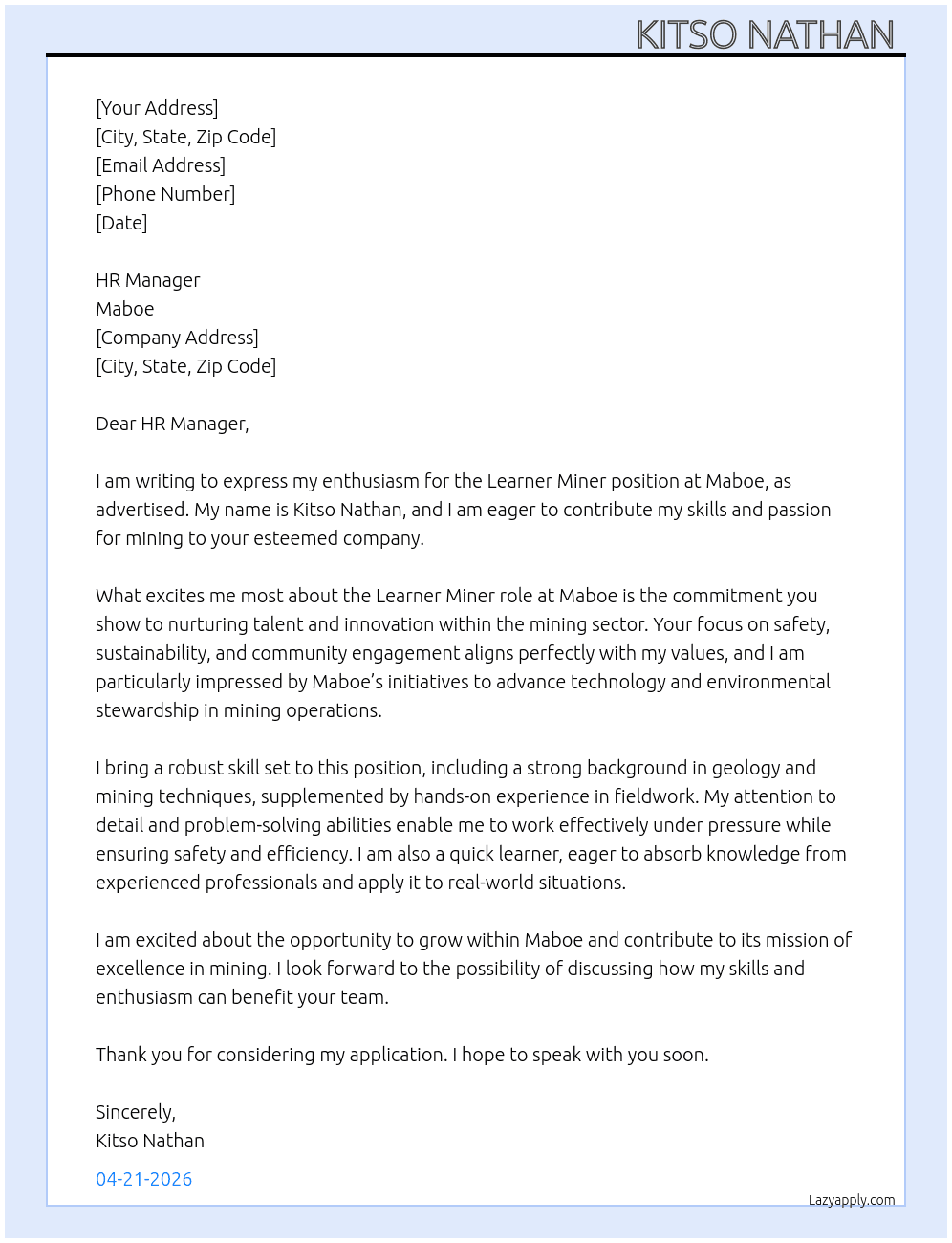 Learner miner At Maboe Cover Letter