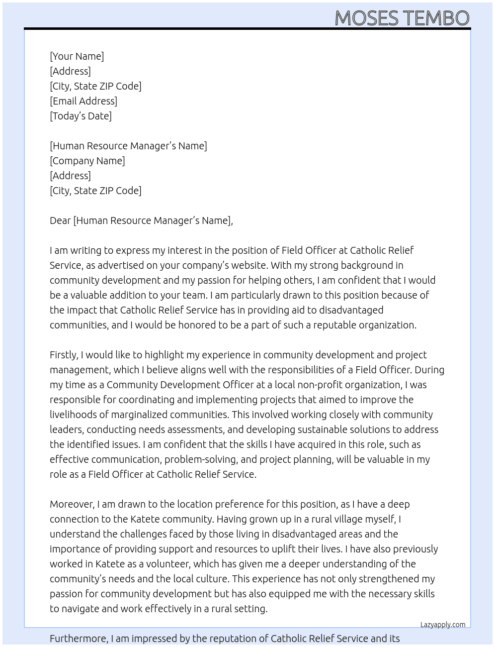 Field Officer  At Catholic Relief Service  Cover Letter
