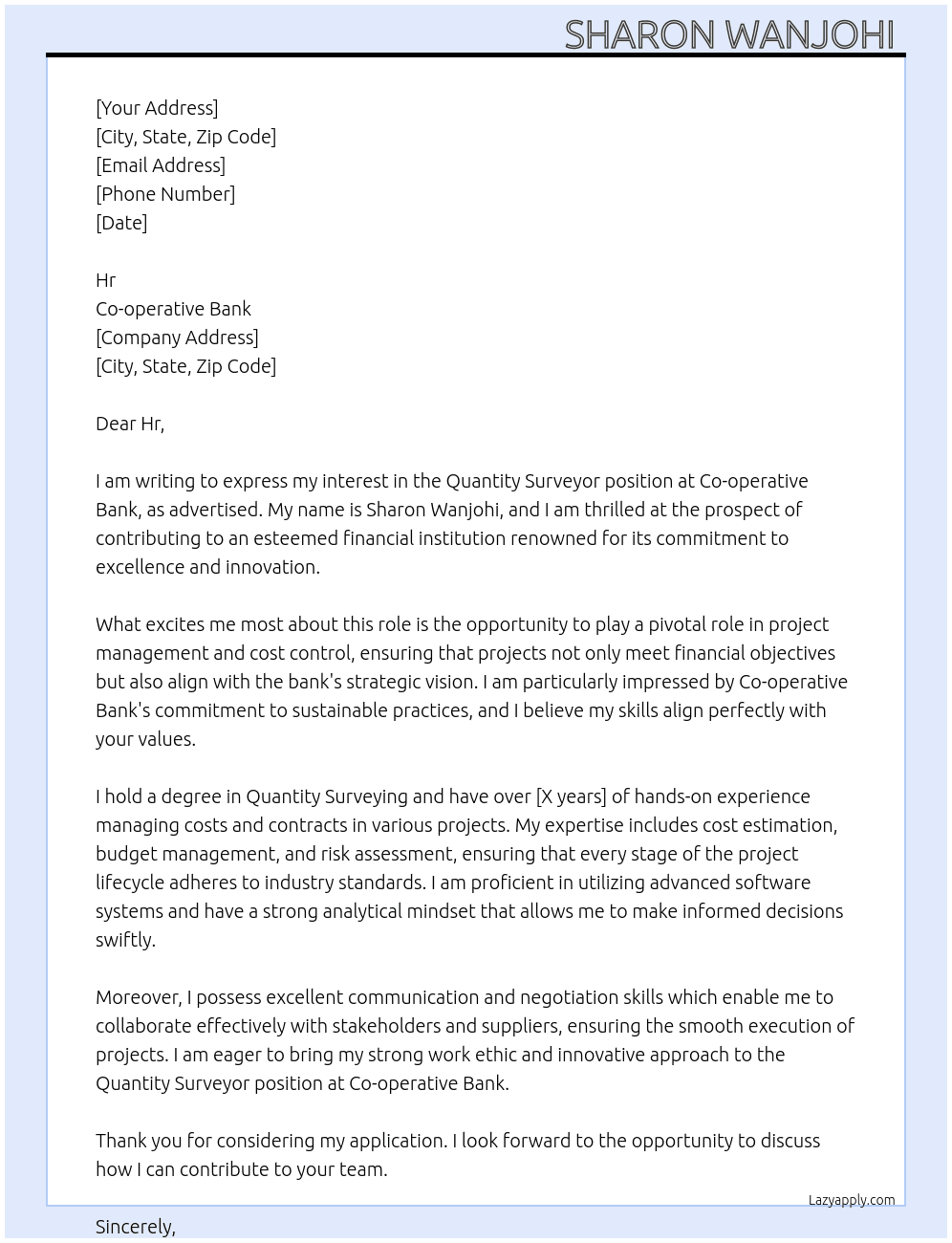 Quantity Surveyor At Co-operative Bank Cover Letter