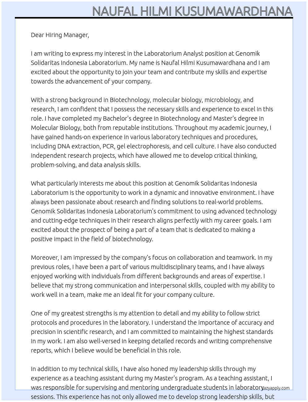 Laboratorium Analyst At Genomik Solidaritas Indonesia Laboratorium Cover Letter