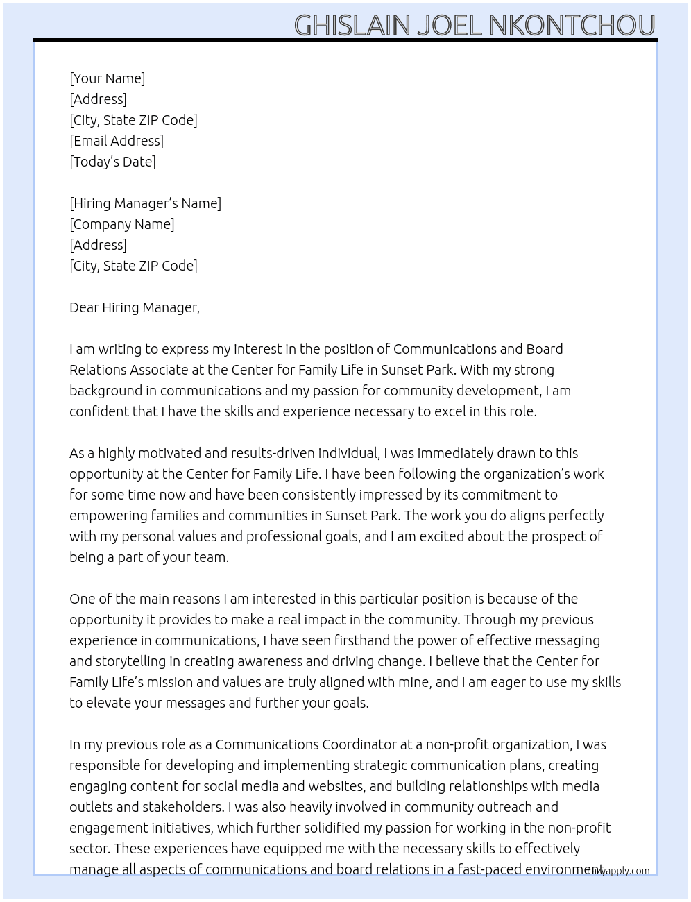 Communications and Board Relations Associate At Center for Family Life in Sunset Park Cover Letter