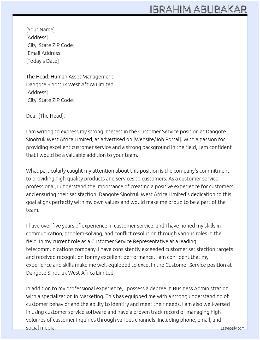 Customer Service  At DANGOTE SINOTRUK WEST AFRICA LIMITED  Cover Letter