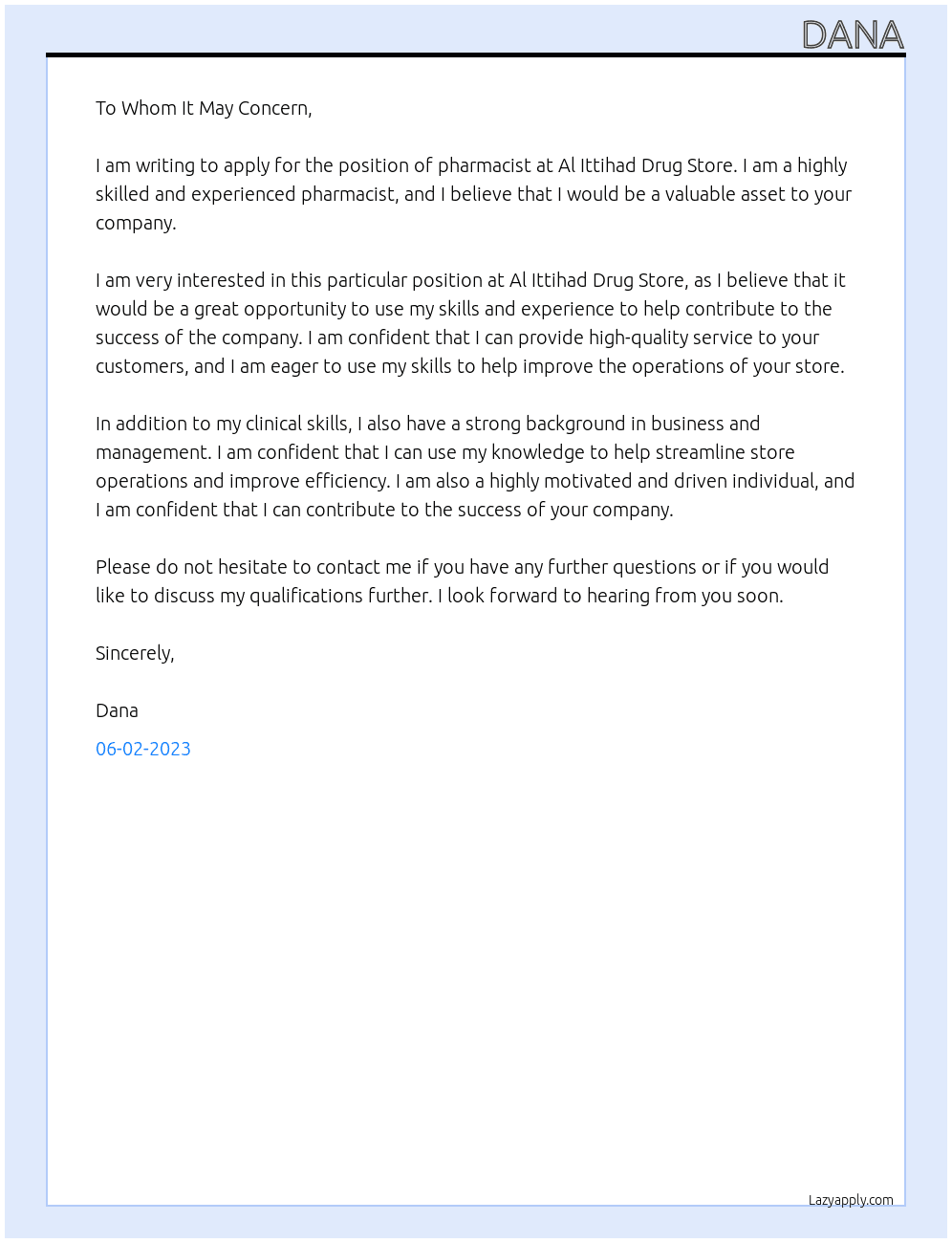pharmacist At al ittihad drug store Cover Letter