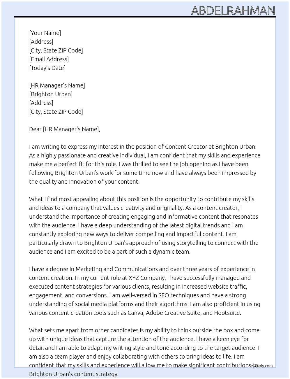 content creator At Brighton Urban Cover Letter