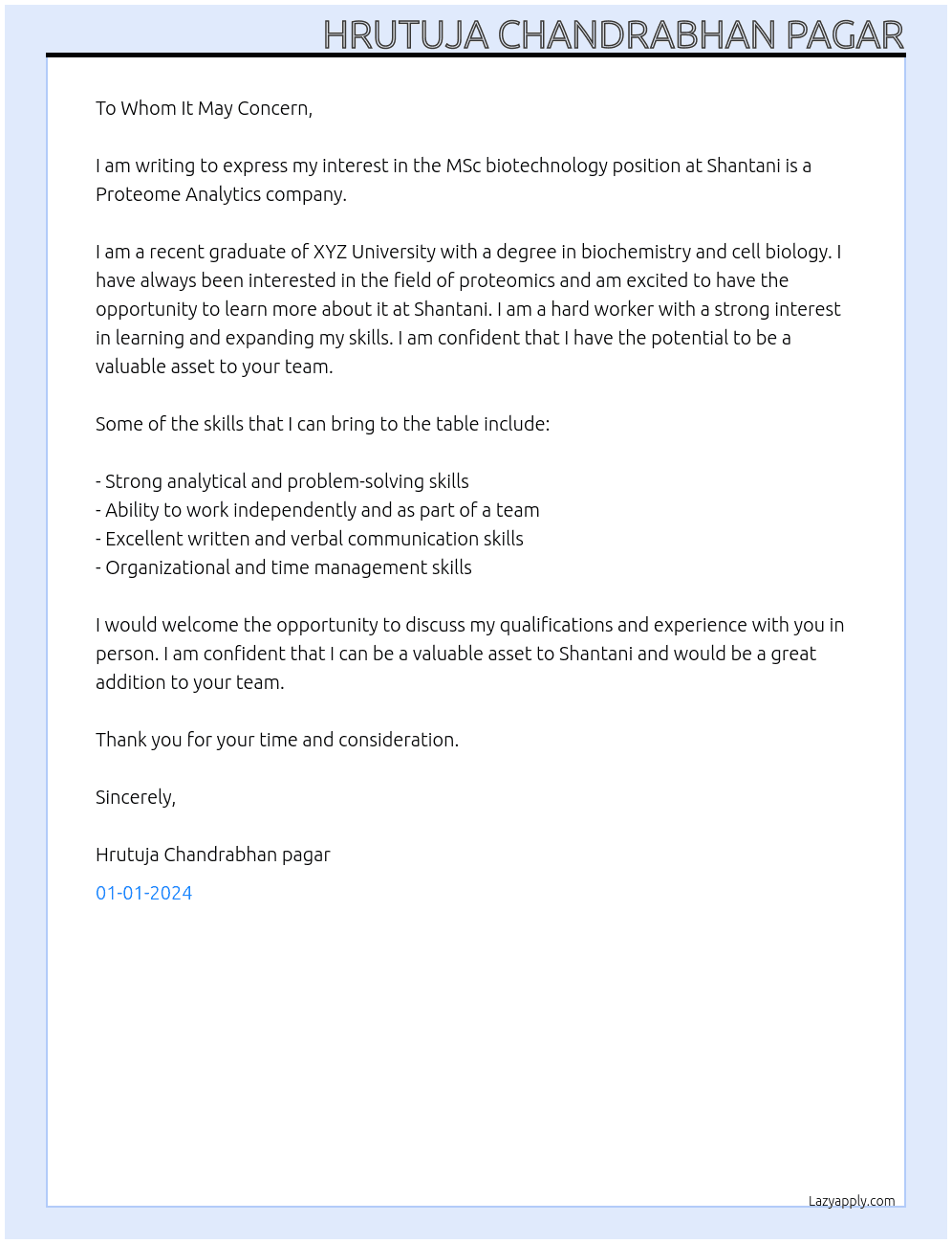 Msc biotechnology  At Shantani is a Proteome Analytics company Cover Letter