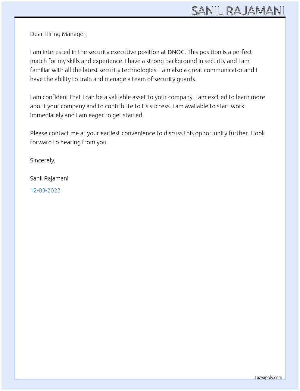 Security EXecutive At DNOC Cover Letter