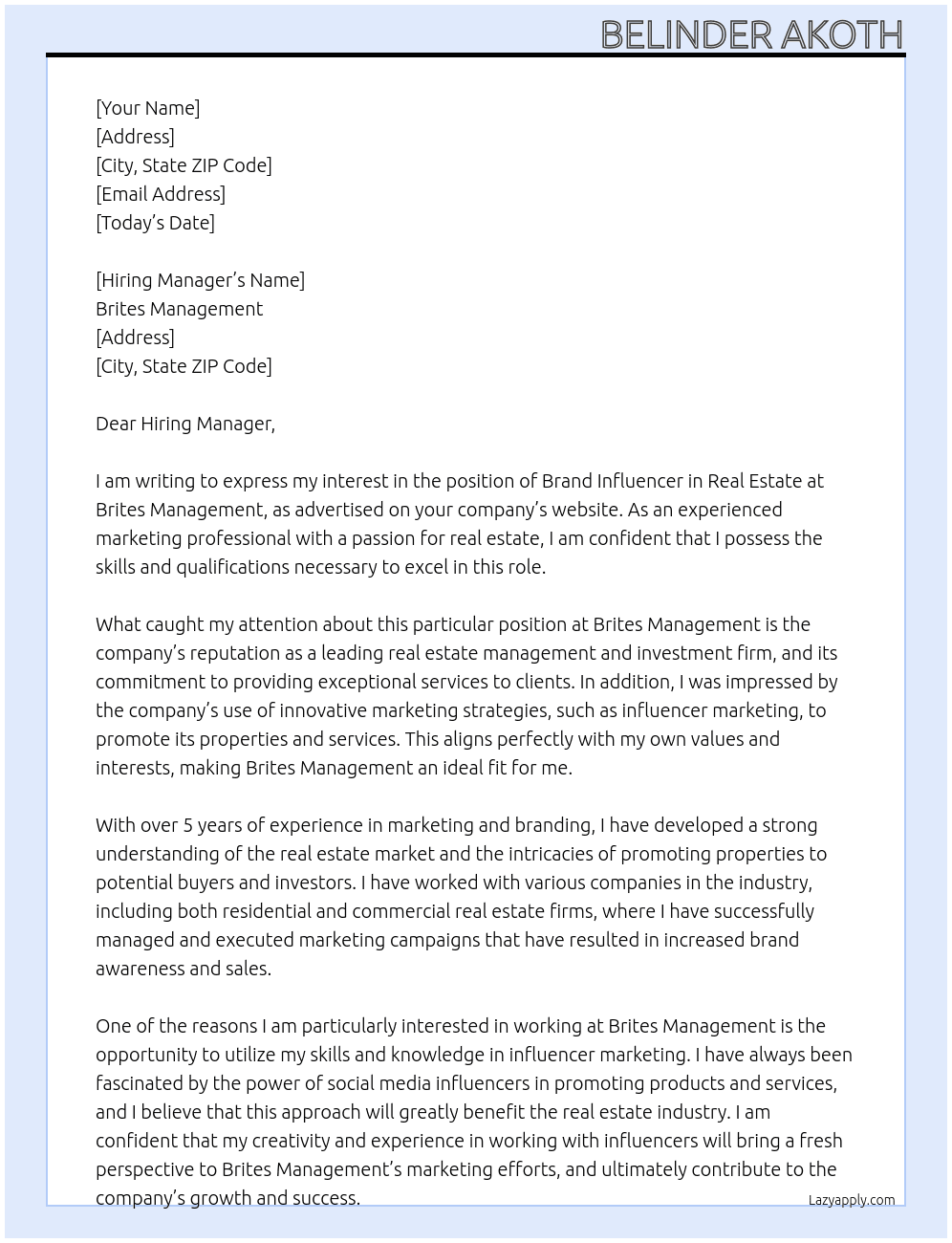 brand influencer in real estate At Brites management Cover Letter