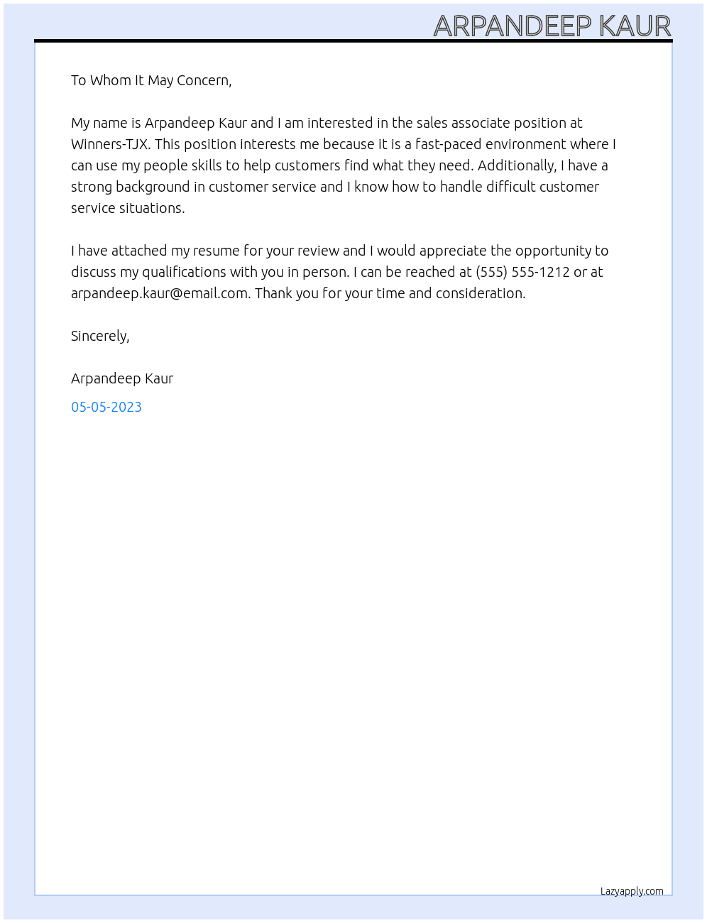 sales associate At Winners-TJX Cover Letter
