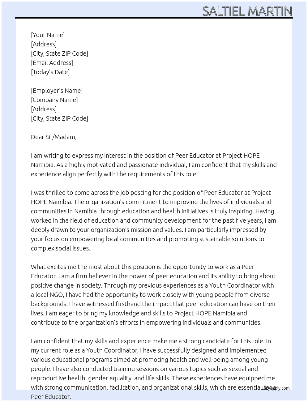 Peer educator At Project HOPE Namibia Cover Letter