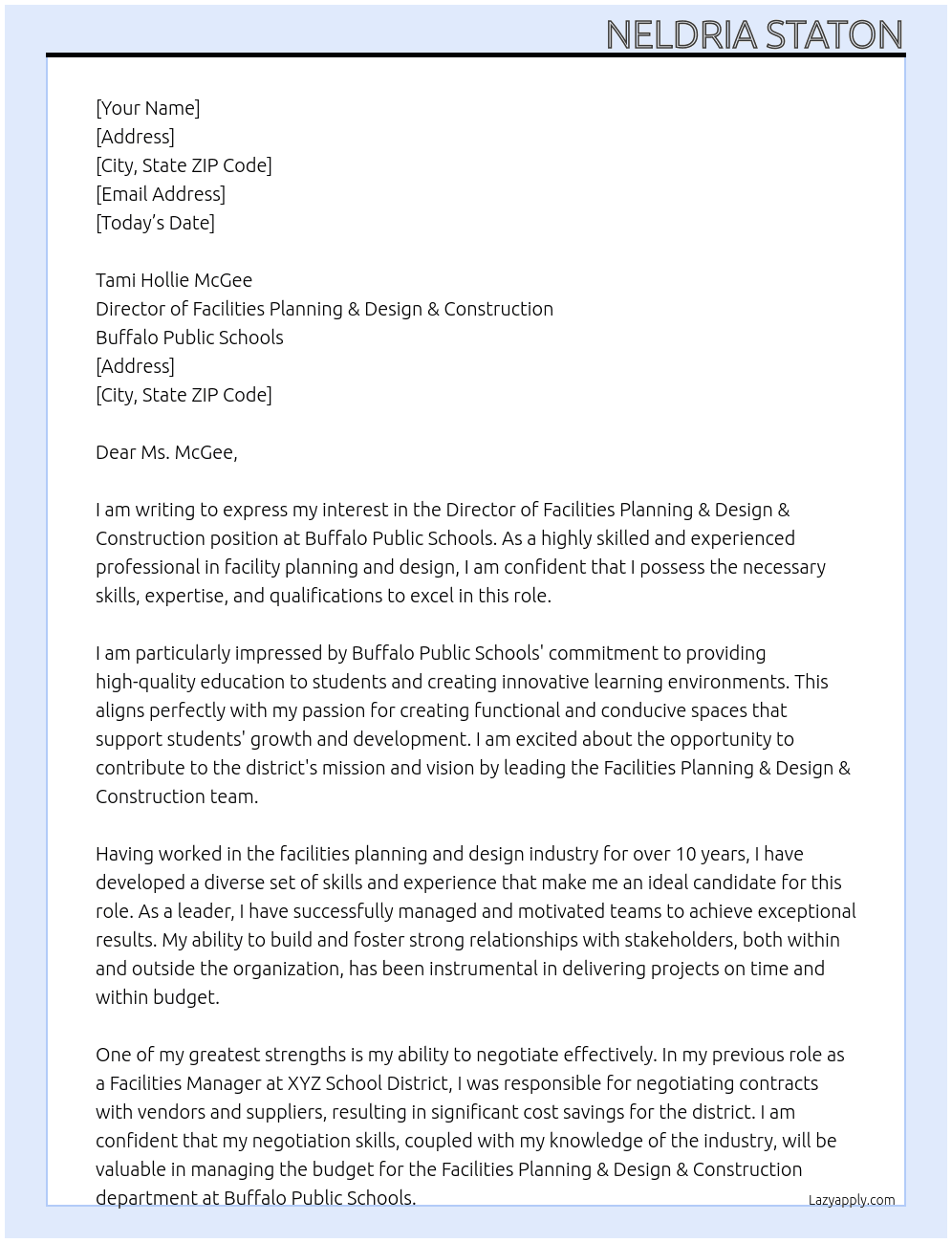 Director of Facilities Planning & Design & Consstruction At Buffalo Public Schools Cover Letter