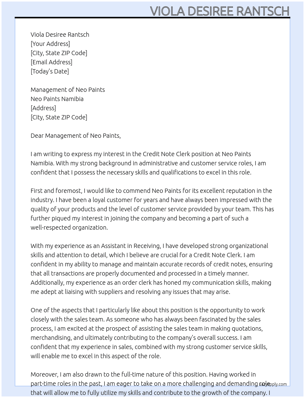 Credit  Note Clerk At Neo Paints Namibia Cover Letter