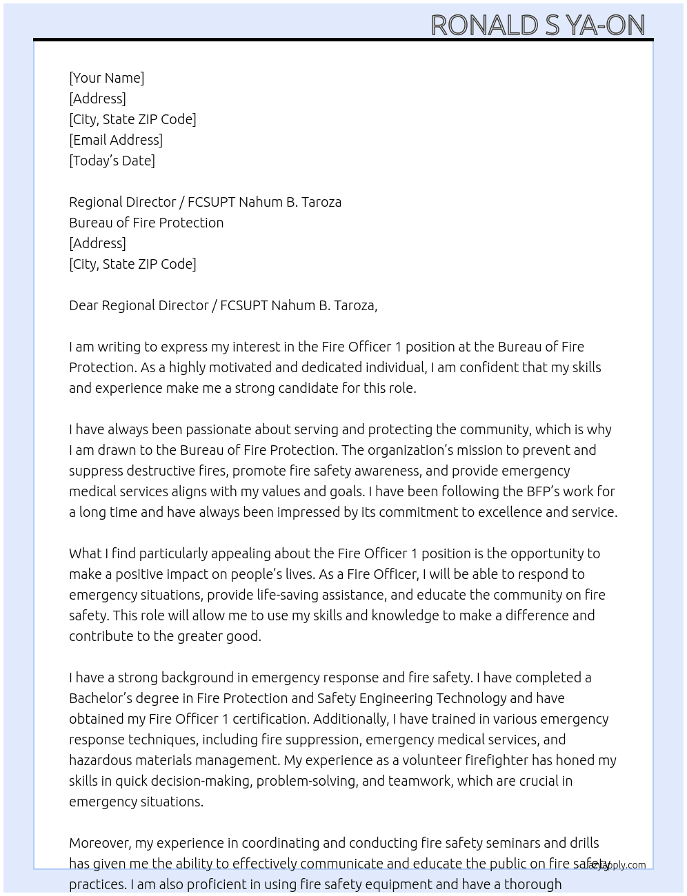Fire Officer 1  At Bureau of Fire Protection  Cover Letter