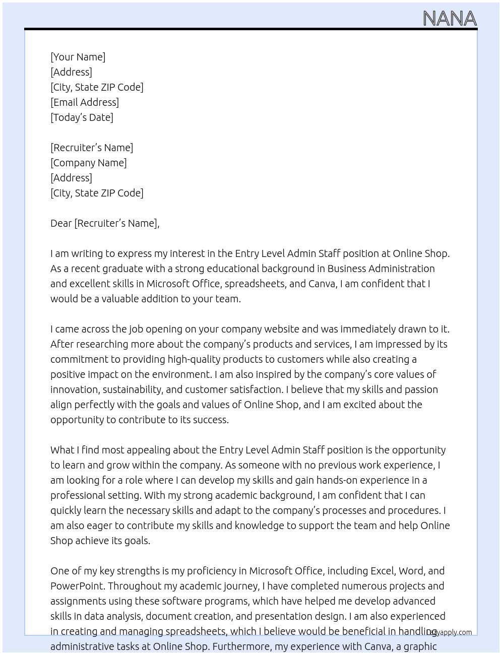 Entry level admin staff At Online shop Cover Letter