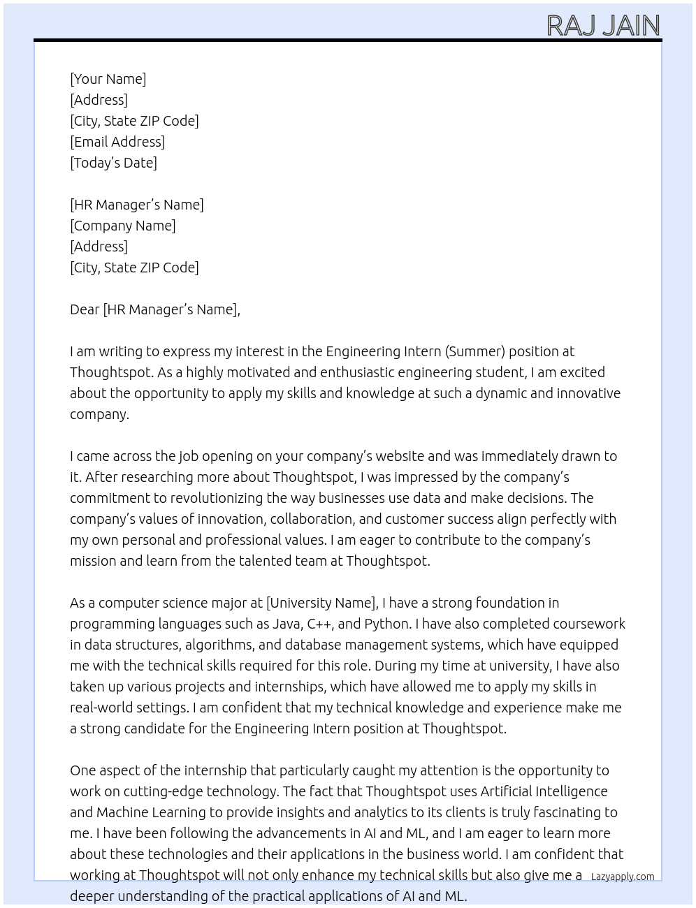 Engineering Intern (Summer) At Thoughtspot Cover Letter