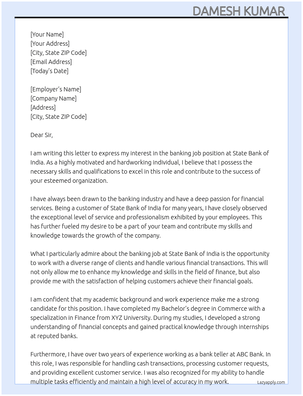 Banking job At State Bank of India  Cover Letter