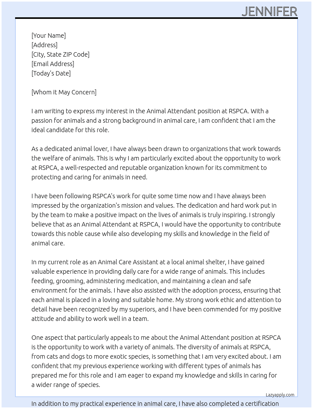 Animal attendant At RSPCA Cover Letter