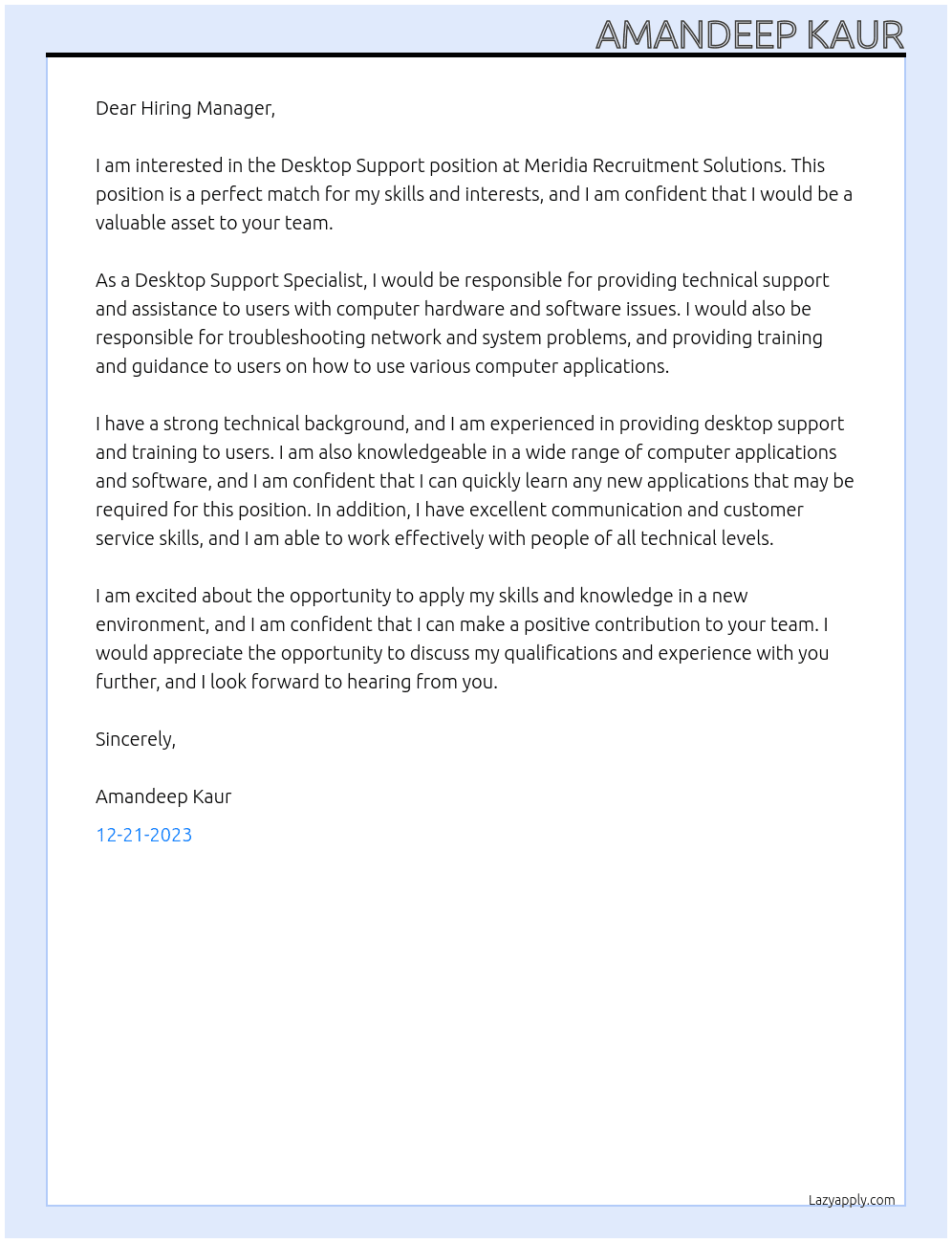 Desktop Support At Meridia Recruitment Solutions Cover Letter
