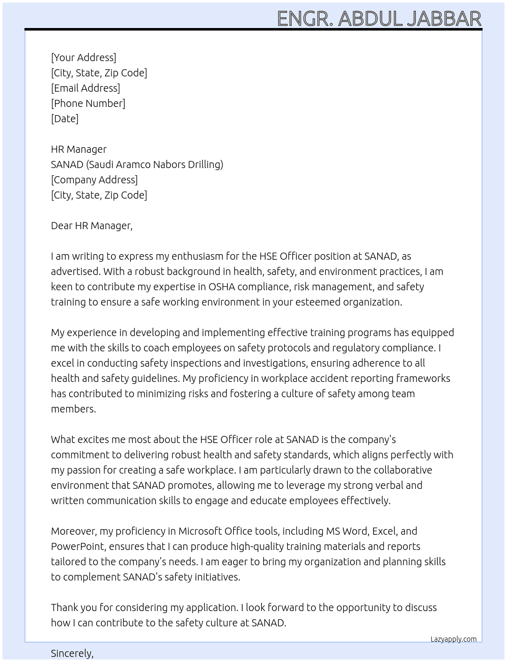 HSE OFFICER  At SANAD (saudi Aramco Nabors Drilling) Cover Letter