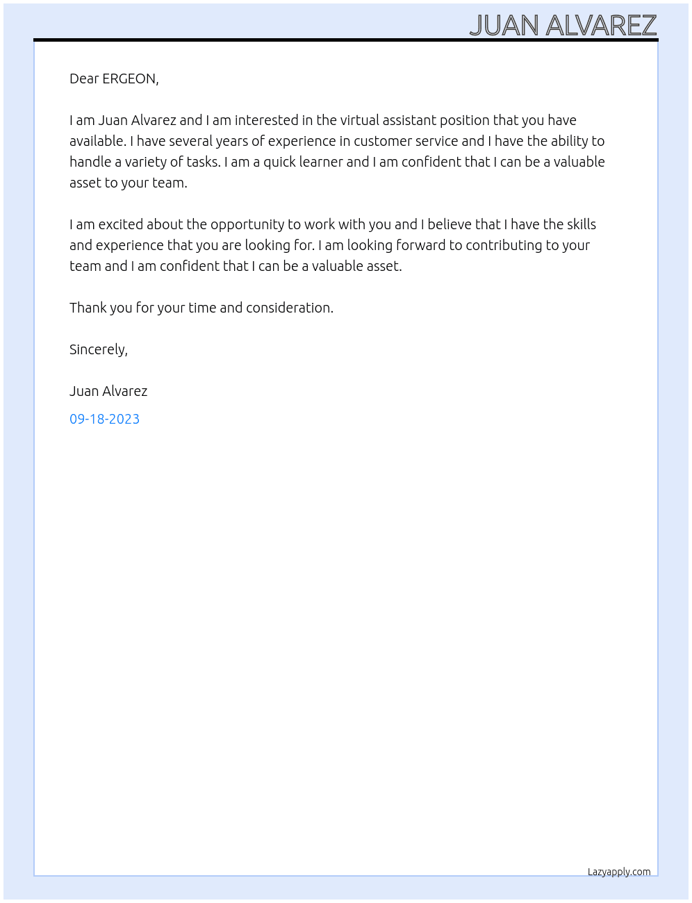 virtual assistant At ERGEON Cover Letter