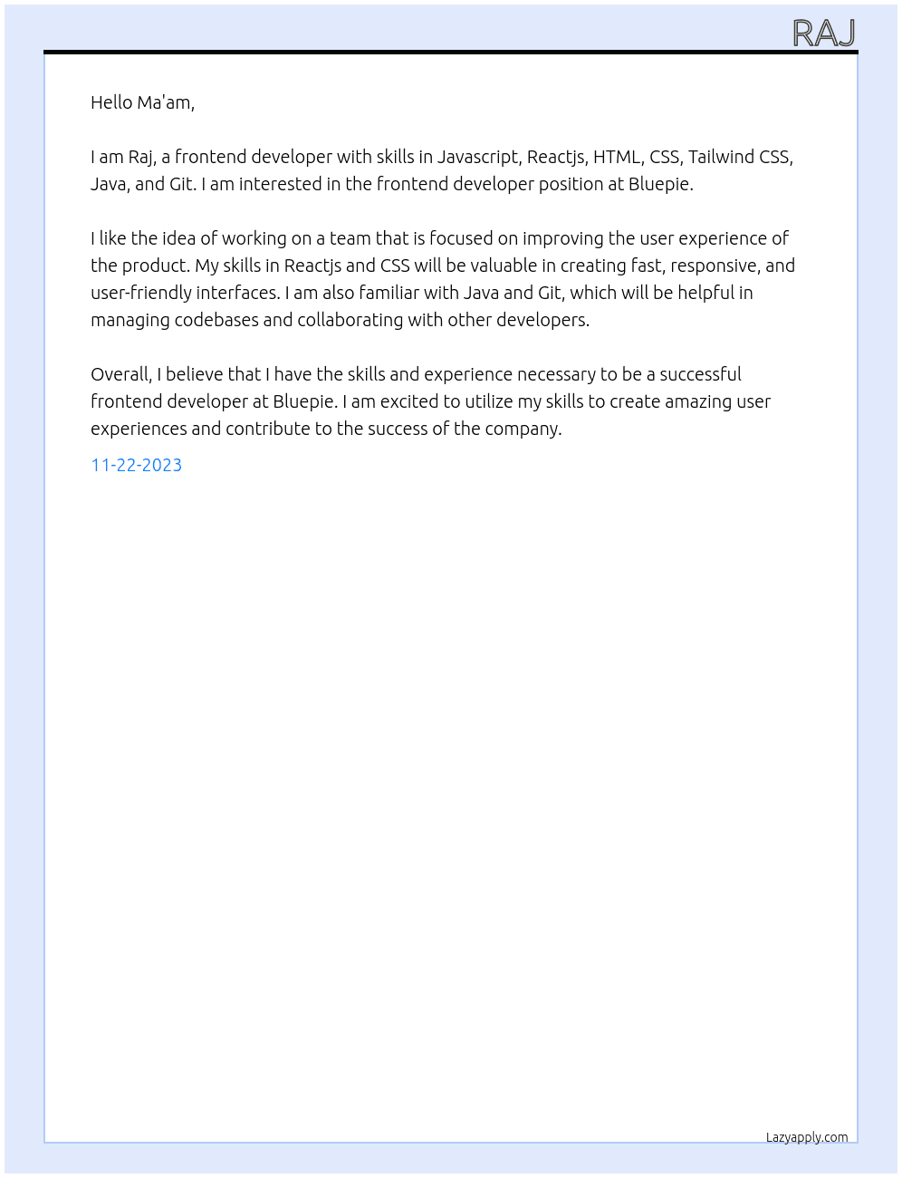Frontend developer At Bluepie Cover Letter