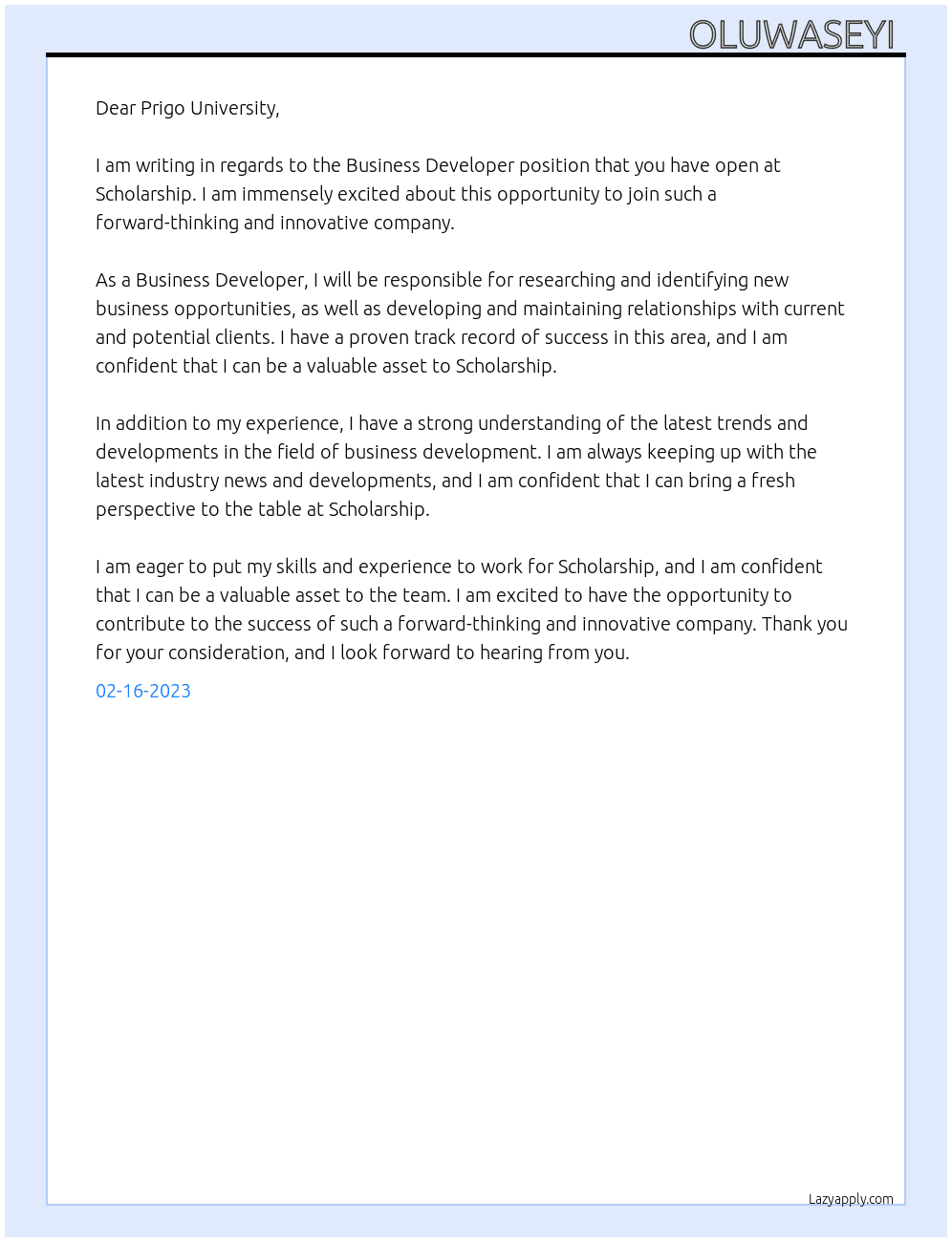 Business Developer At Scholarship  Cover Letter