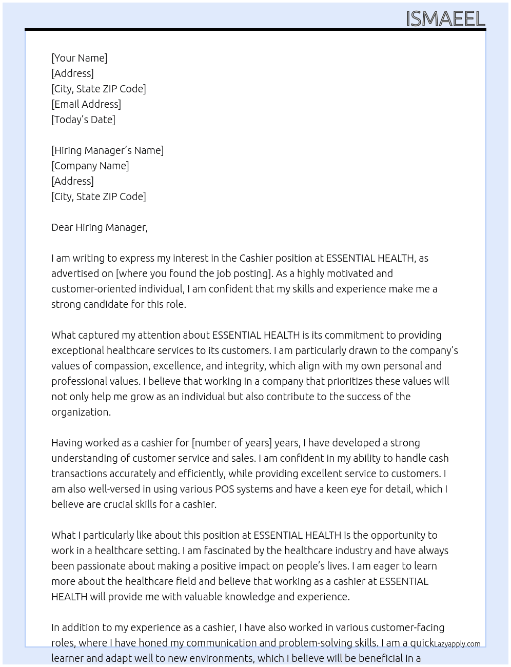 Cashier  At ESSENTIAL HEALTH Cover Letter