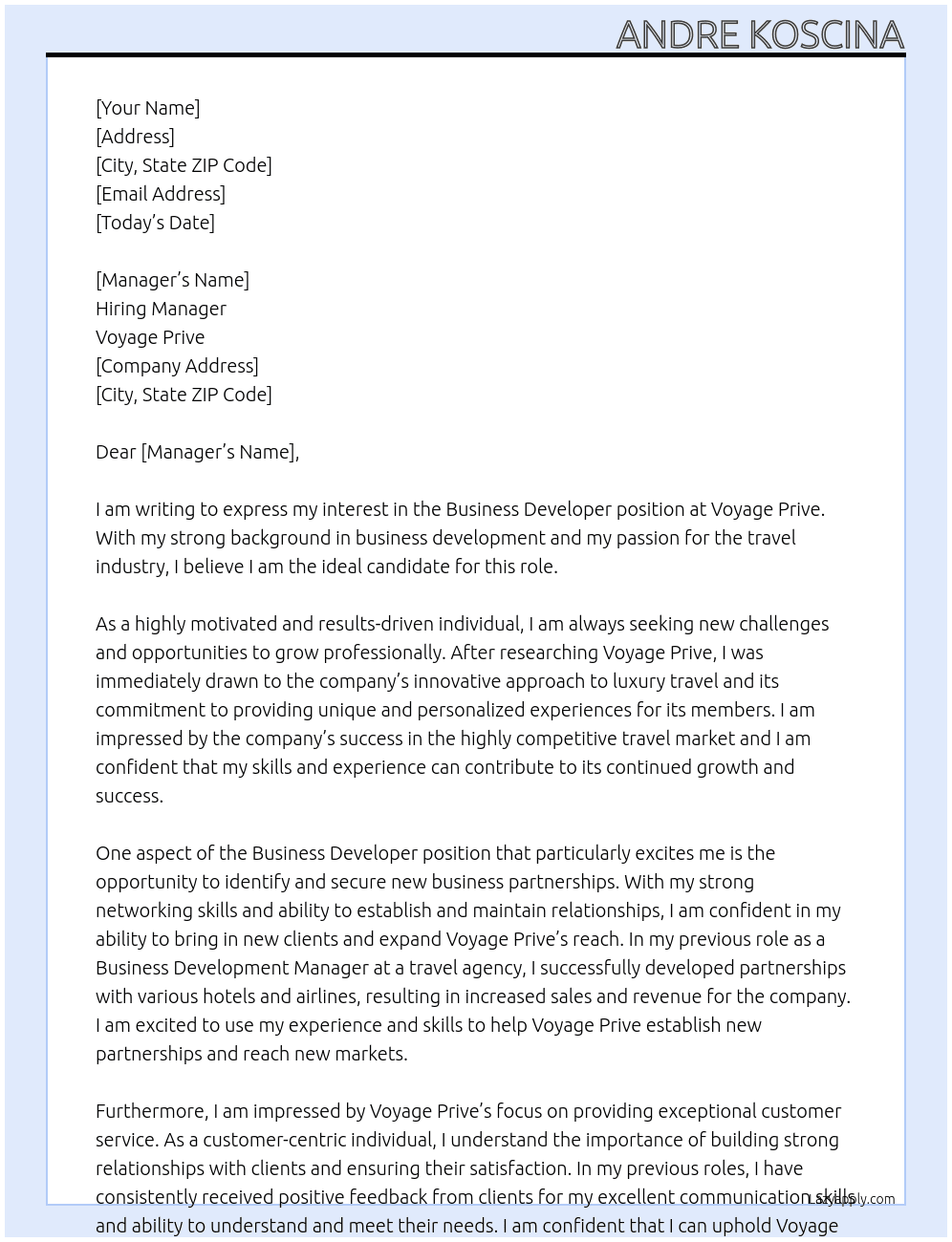 Business developer At Voyage Prive Cover Letter
