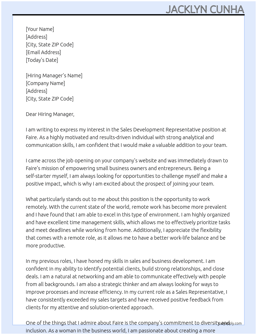 Sales Development Representative At Faire Cover Letter