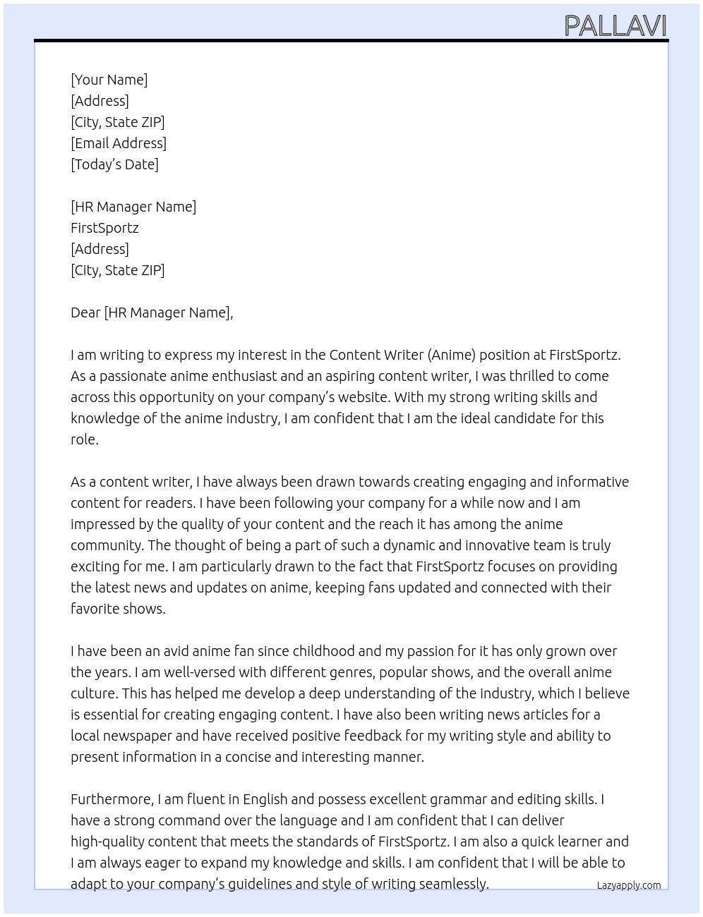 Content writer(anime)  At FirstSportz Cover Letter