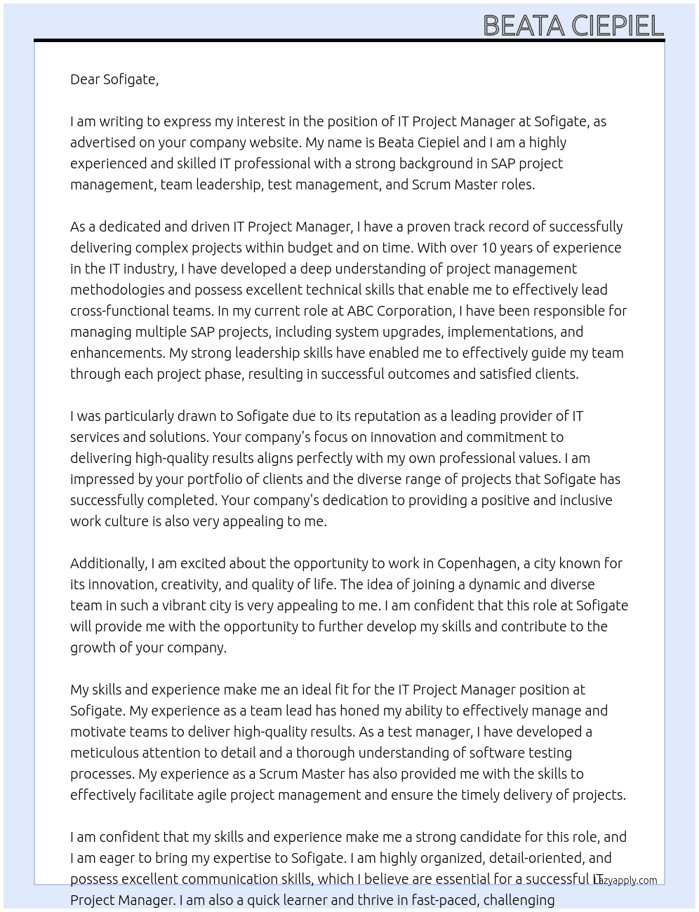 IT Project Manager At Sofigate Cover Letter