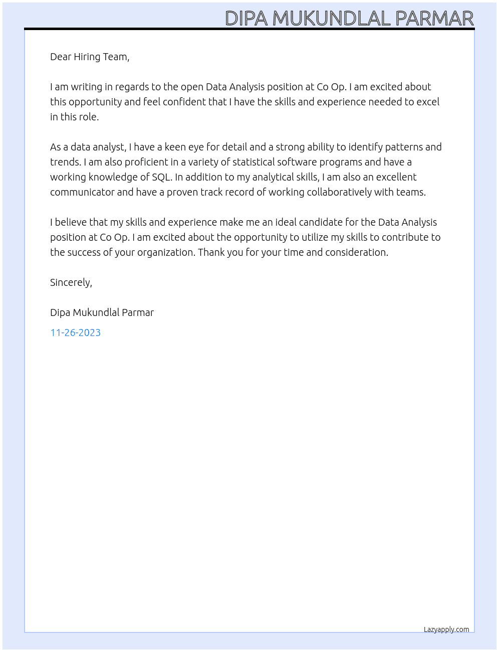 Data Analysis  At Co Op Cover Letter